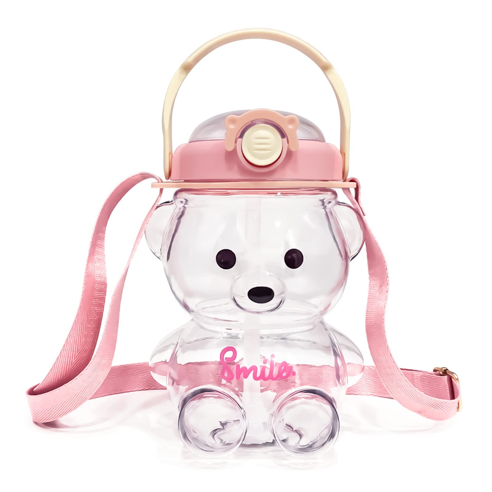 KFZR Bear Water Bottle with Straw Kawaii Cute Adjustable and Removable Shoulder Strap (1000mL, Pink)