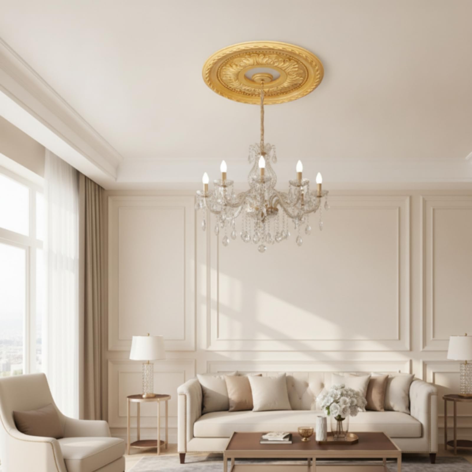 Rosone da Soffitto in Rilievo Placca Floreale Decorazione per Installatori, Grande, Bianco