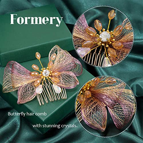 Formery Copper Wire Butterfly Hair Comb Purple Crystal Beads Bow Side Comb Fashion Handmade Woven Brass Wire Bowknot Hair Accessories For Women And Girls #TOP3