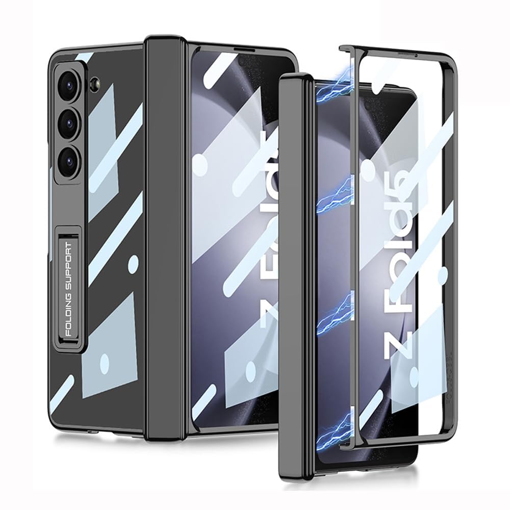 TERRIFI Case for Galaxy Z Fold 5, Magnetic Hinge Coverage Protection, Ultra Thin Transparent Plating Crystal, Built-in 3-Gears Adjustment Kickstand, Front Glass All-Inclusive Case (Clear-Black)