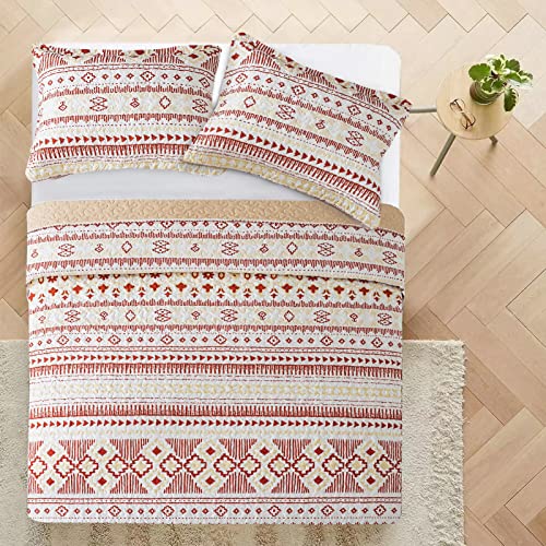 Vaputar Boho Stripe Quilt Bedding Set For Aztec - Queen Size - All-Season Lightweight Reversible Coverlet, Vintage Farmhouse Bedroom Decor, 3 Pieces (Red/Light Yellow) #TOP6
