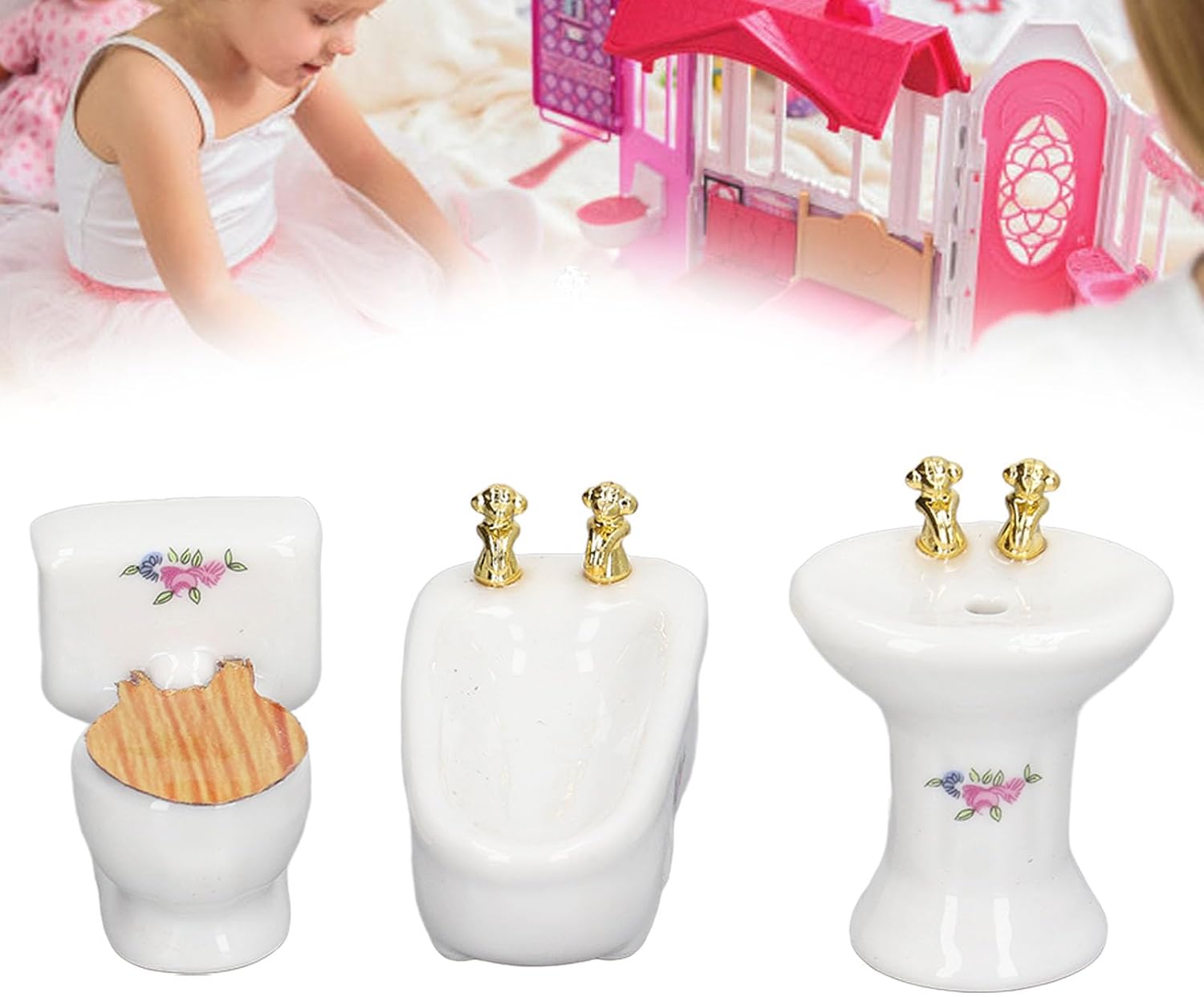3Pcs Dollhouse Miniature Bathroom Set, 1:24 Ceramic Simulation Bathtub Toilet Sink Dollhouse Bathroom Furniture (Flower Shape)