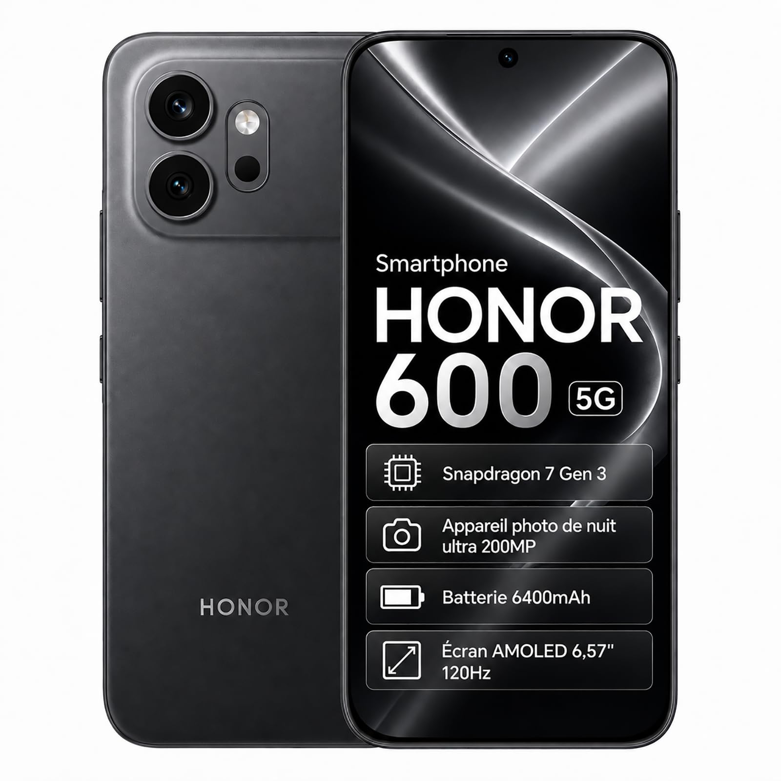 HONOR 600 Smartphone 5G, 8+512GB, Snapdragon 7 Gen 3, Appareil Photo Nocturne Ultra 200MP, Écran AMOLED 6,57" 120Hz, Batterie 6400mAh Charge Rapide 80W, IP68, IP69 et IP69K