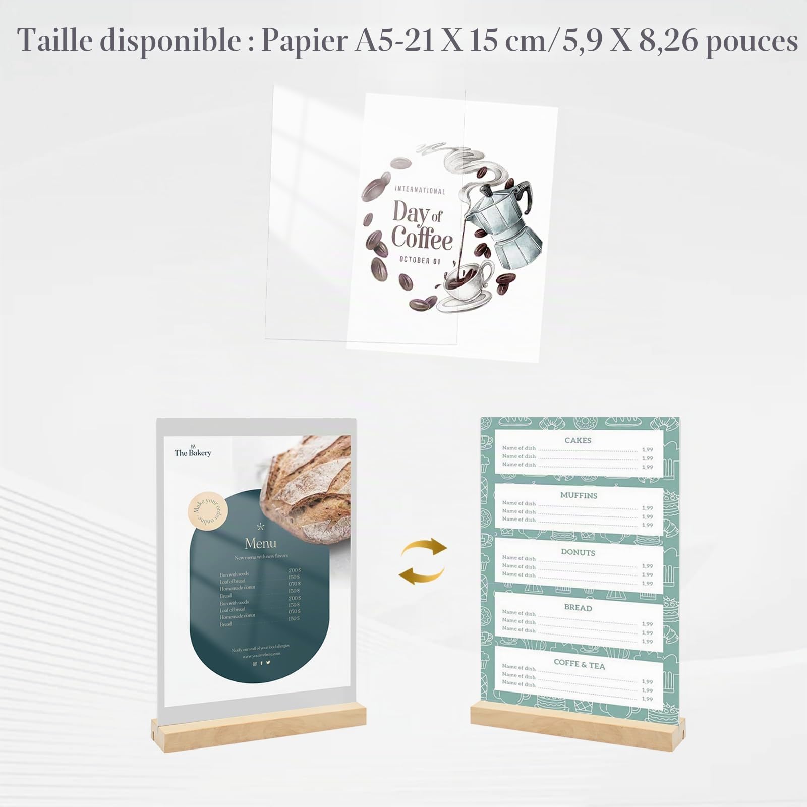 Présentoirs de Table A5, Lot de 6 Forme L/T Support Affiche A5 Plaque Acrylique, Double Face Porte Menu avec Pied en Bois, Support Feuille pour Exposition Café Bureau école-148*210mm