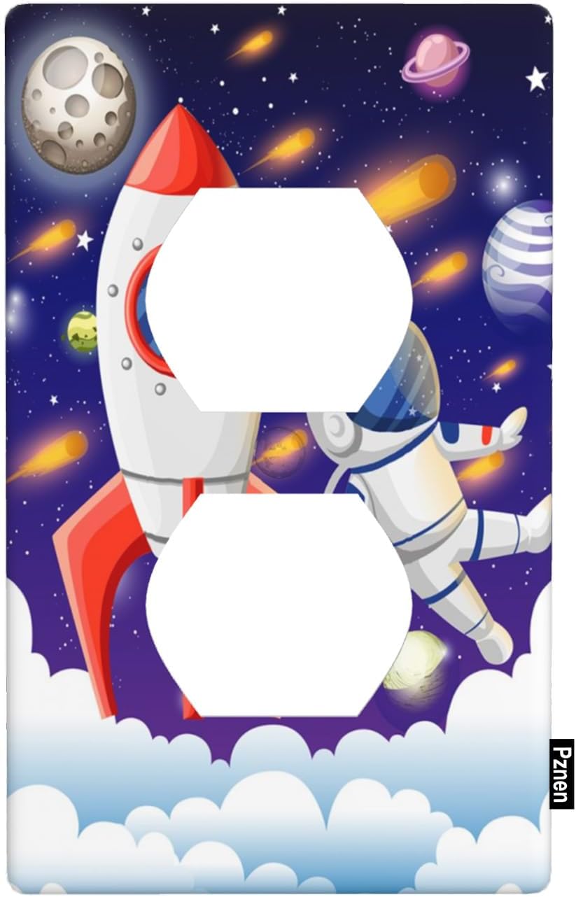 Outer Space Cartoon Outlet Covers Astronaut Rocket Solar System Universe Planets Wall Plate 1-Gang Standard Duplex Receptacle Plug Cover 4.5" X 2.76" for Boys Girls Bedroom