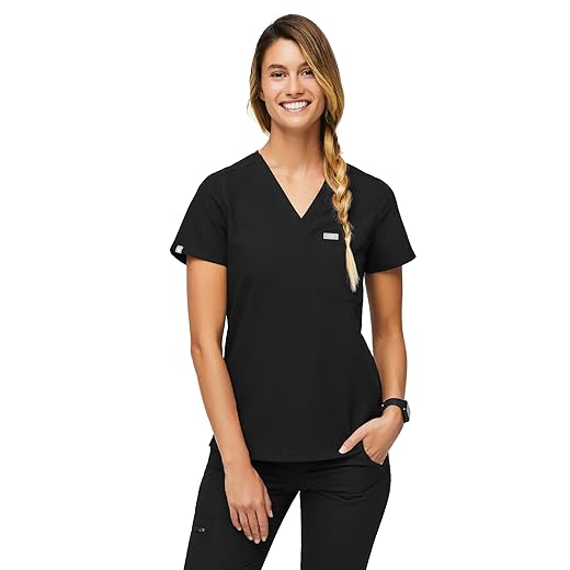 FIGS Catarina One-Pocket Scrub Top for Women — Black, M