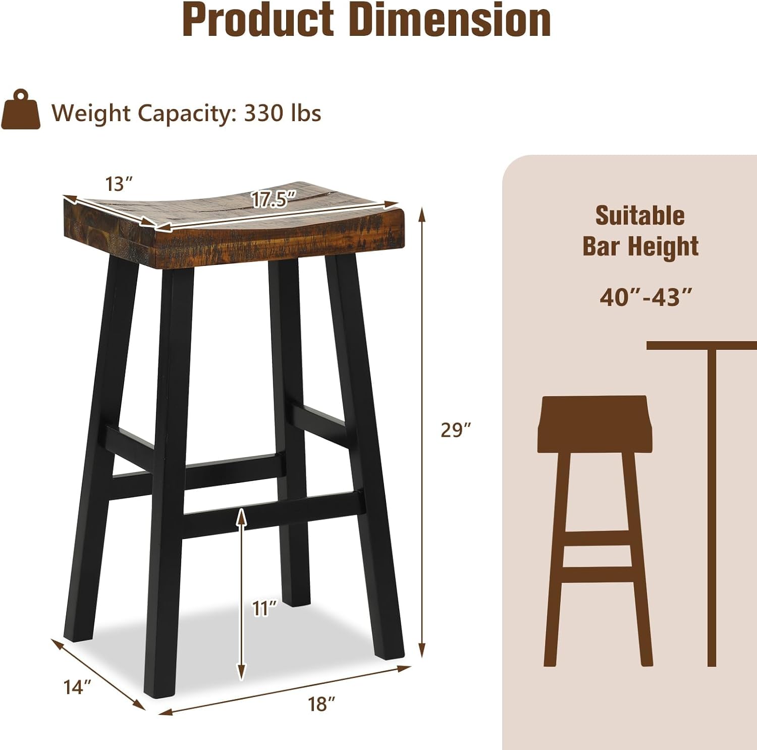 ERGOMASTER Wooden Backless Saddle Barstools Set of 2, 29-inch Bar Height Rustic Bar Stools with Rubber Wood Frame & Footrest for Kitchen Island, Dining Room, Pub