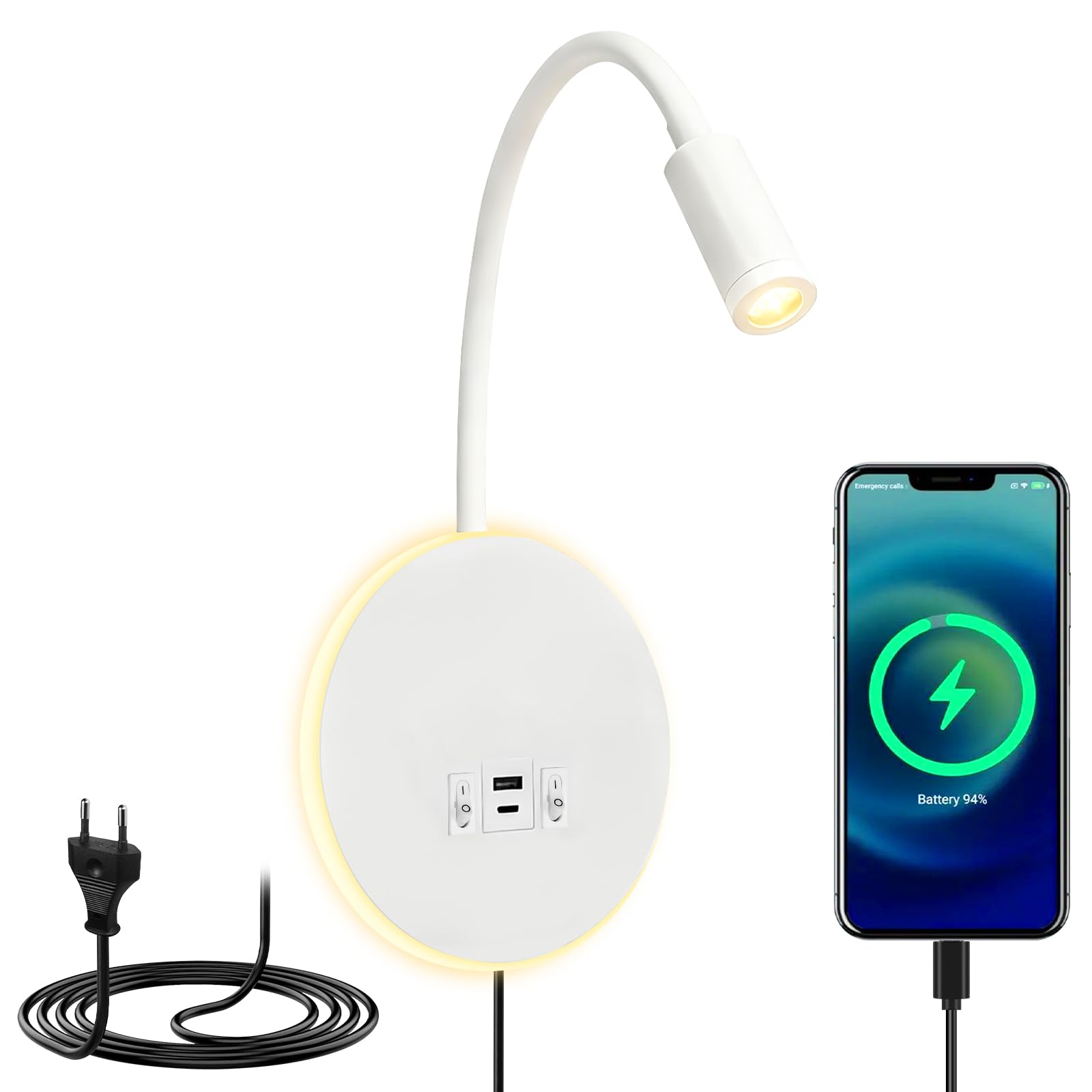 GOMETY Lampe de Lecture Murale, Lampe Blanche à Col de Cygne Pivotant à 360° avec Prise, Chevet à Intensité Variable, Applique Murale LED pour Chambres, Hôtels et Tables de Nuit