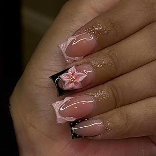 meemooron Square Press on Nails Medium French Tip Pink Flower Glossy Fake Nails - 24Pcs Reusable Stick-On for Women