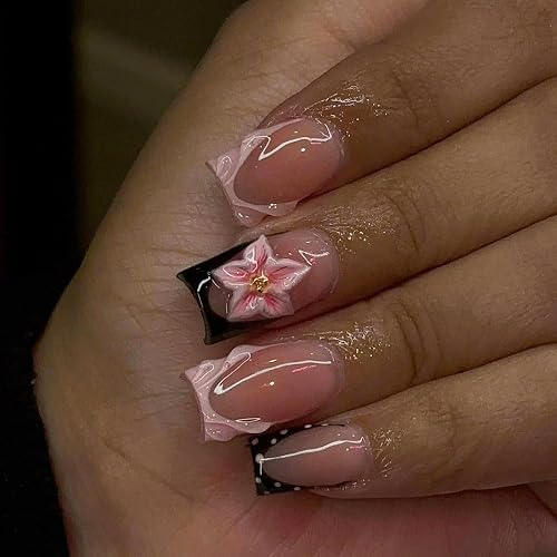 Square Press on Nails Medium False Nails French Tip Fake Nails with Flower Designs Pink Glossy Cute Stick on Nails for Women 24Pcs