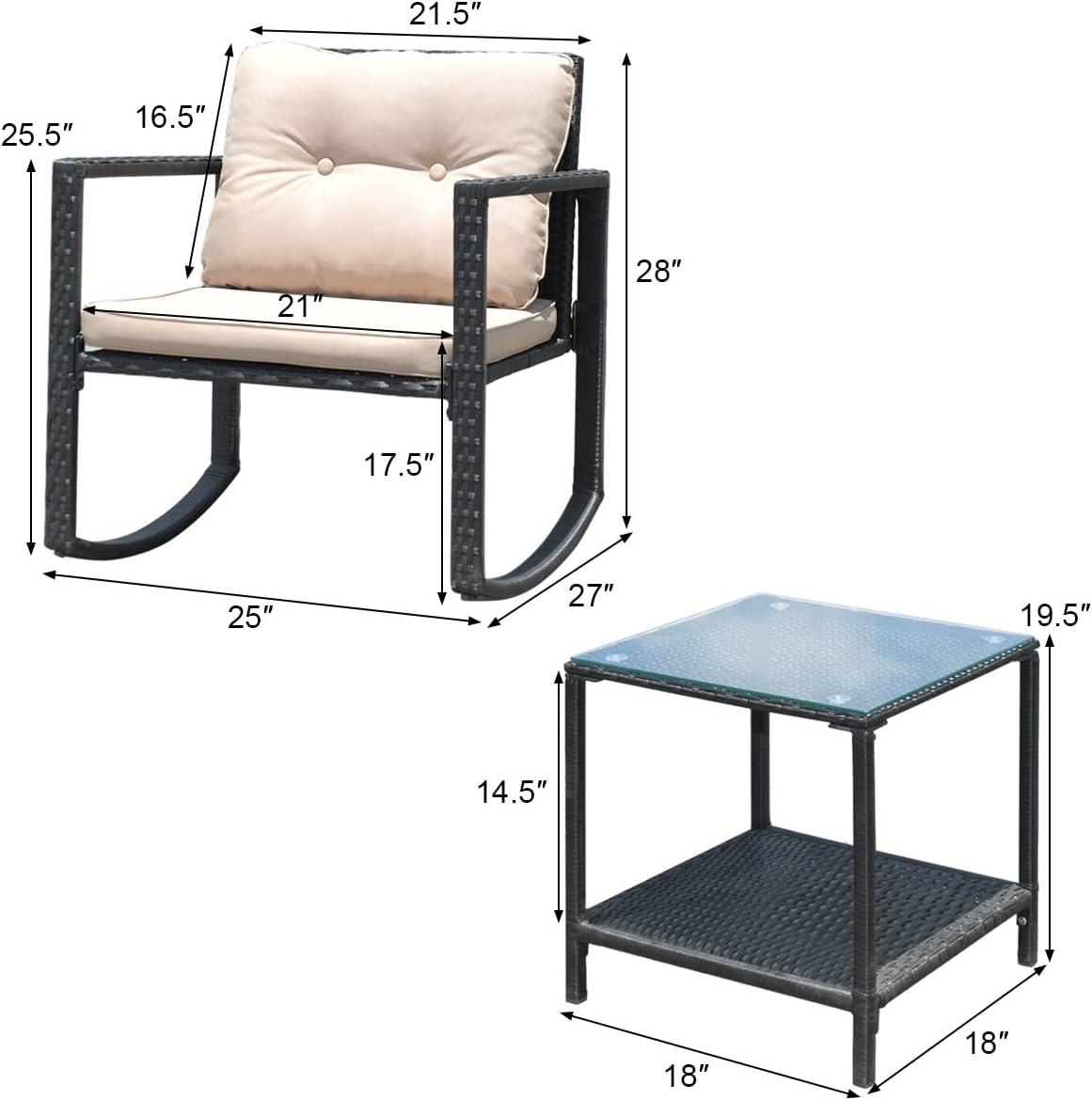 3 PC Patio Rattan Conversation Set Rocking Chair Cushioned Sofa Garden Furniture Cushion