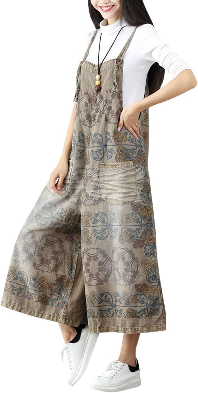 Women's Loose Fit Printed Denim Bib Baggy Overalls Wide Leg Jumpsuits Rompers with Pockets