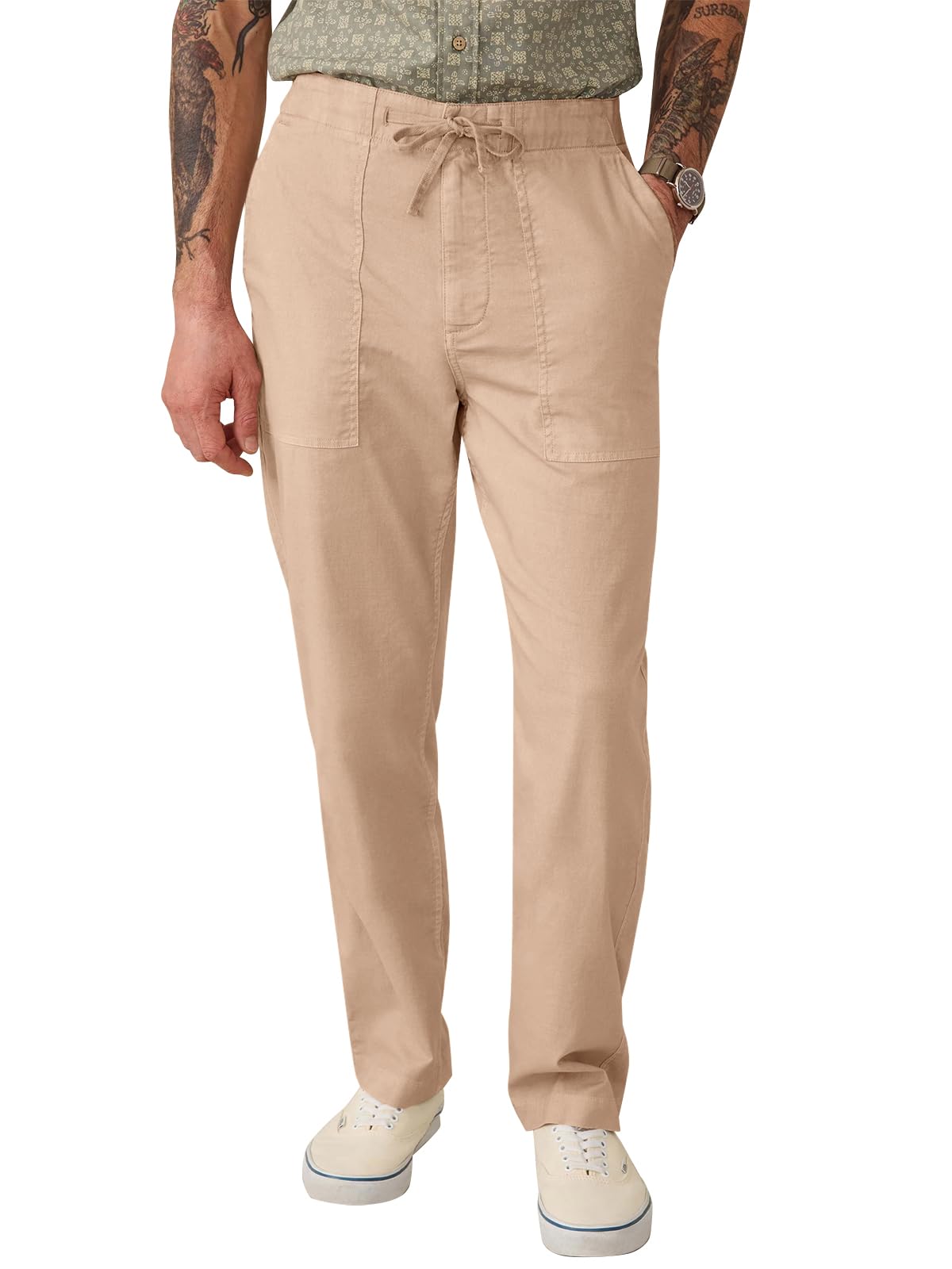 Runcati Mens Casual Pants Drawstring Elastic Waist Cotton Trousers Lightweight Loose Fit Chino Pants