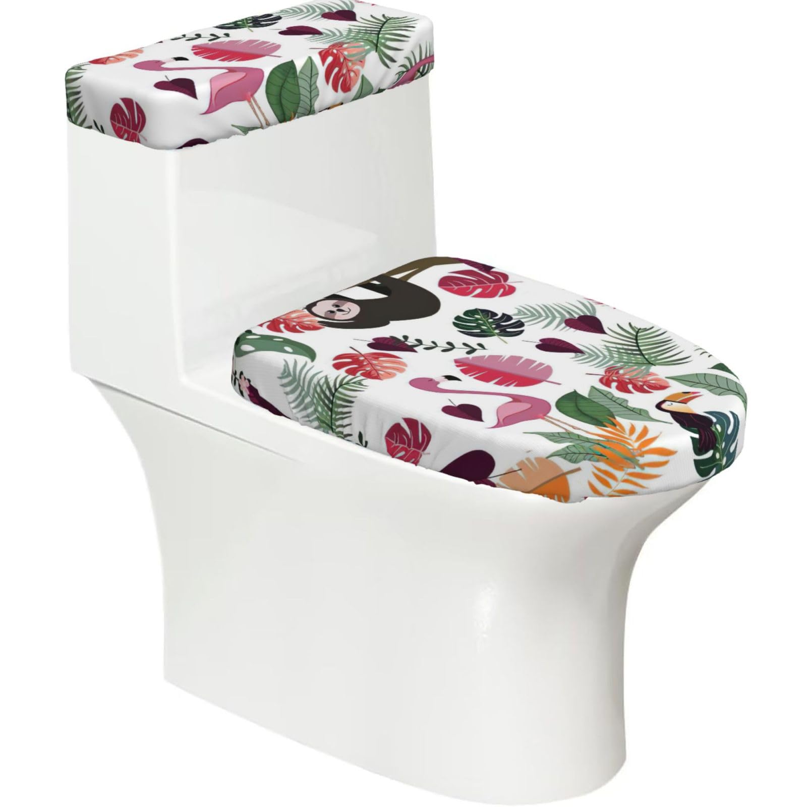 Sloth in Pink Tropical Jungle Print 2-Piece Stretch Toilet Cover Set, Elastic Breathable Toilet Seat and Tank Lid Protector