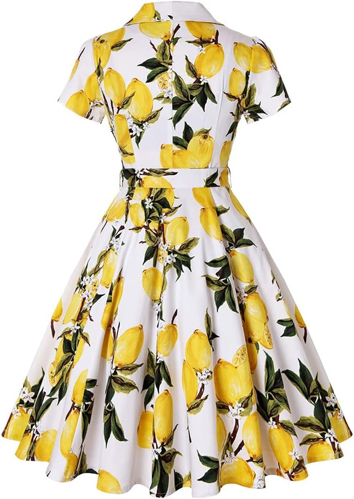Women Notch Lapel Vintage Short Sleeve V-Neck Cocktail Swing Dress Fruit Lemon Print 50s 60s Audrey Hepburn Rockabilly Prom Dress Button up A Line Wedding Party Evening Dress with Belt Yellow Small - Image 2