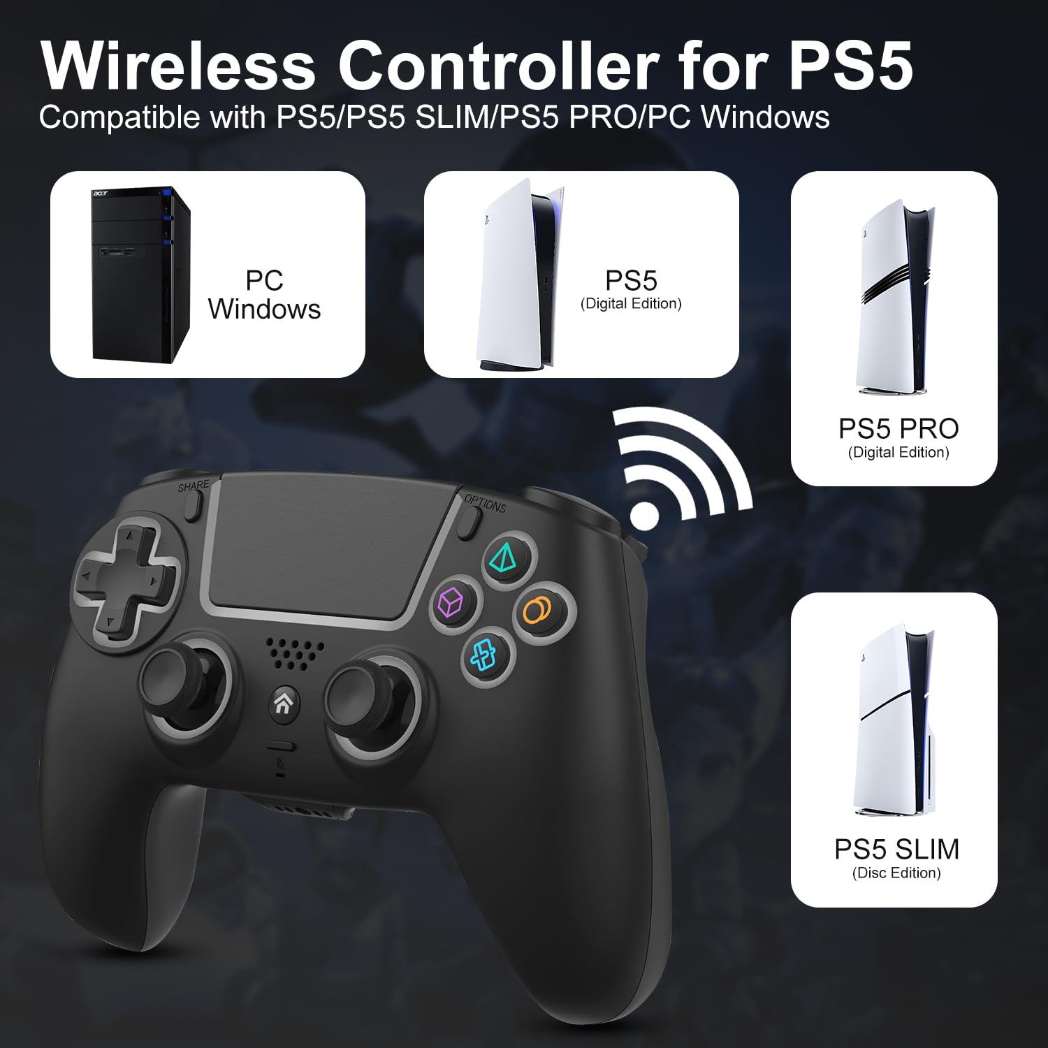 ADHJIE Controlador inalámbrico para PS5, controlador inalámbrico LED RGB compatible con PS5/PS5 Slim/PS5 Pro/PC con conector de auriculares de audio de 3.5 mm y batería integrada de 1000 mAh, turbo y