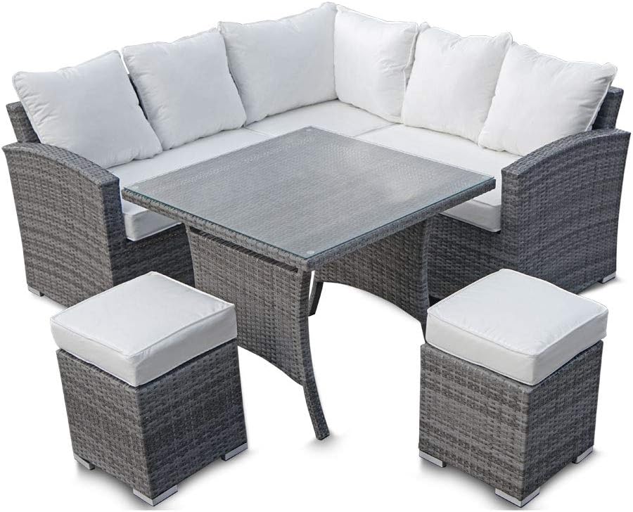 Harts Premium Rattan Corner Sofa with Dining Table & Stools set, garden, patio, conservatory furniture (Grey)