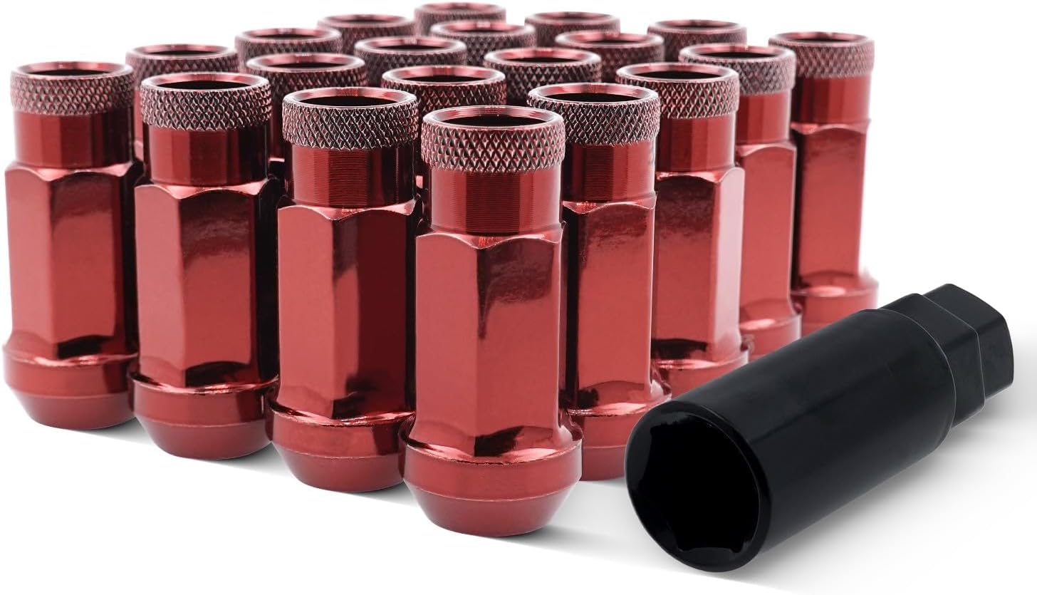 EZAccessory 14x1.5 Extended Tuner Lug Nuts 20 Pcs+Key Red Racing Open End for Dodge Charger 05-25 Dodge Challenger 08-24 Chevy Camaro 10-25 Ford Mustang 15-25