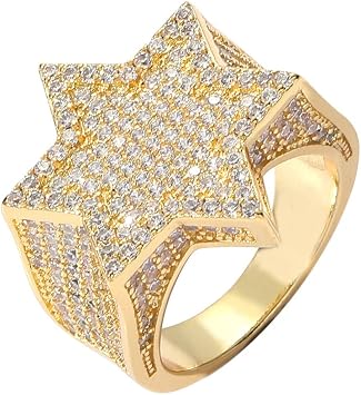 DOCCESTU 14k Gold & Silver Plated Iced Punk Six Point Star Ring - Men & Womens Rap Engagement Ring - Hip Hop Jewelry with Simulated Diamonds Size 10