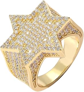 DOCCESTU 14K Gold Silver Plated Iced Punk Six Point Star Ring for Men and Women Rap Ring for Men's Engagement Hip Hop Jewelry Sparkling Small Ring Simulated Diamond Iced Ring (size8) Gold