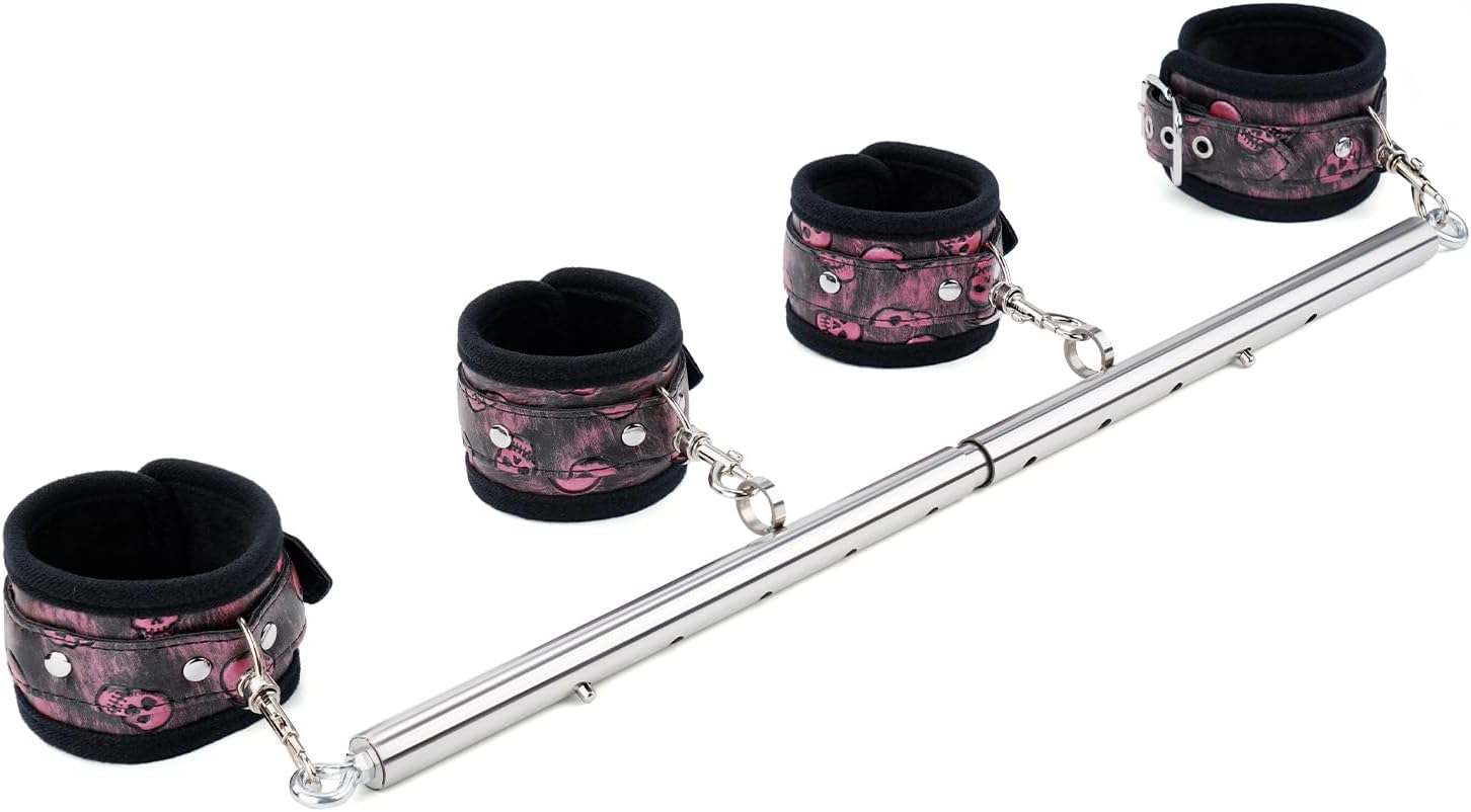 Spreader Bar Heavy Duty Stainless Steel Expandable Black Bar with 4pcs Furry Purple Adjustable Strap,Sports Aid Training Fitness, Home Restore Pilates Indoor Yoga Set