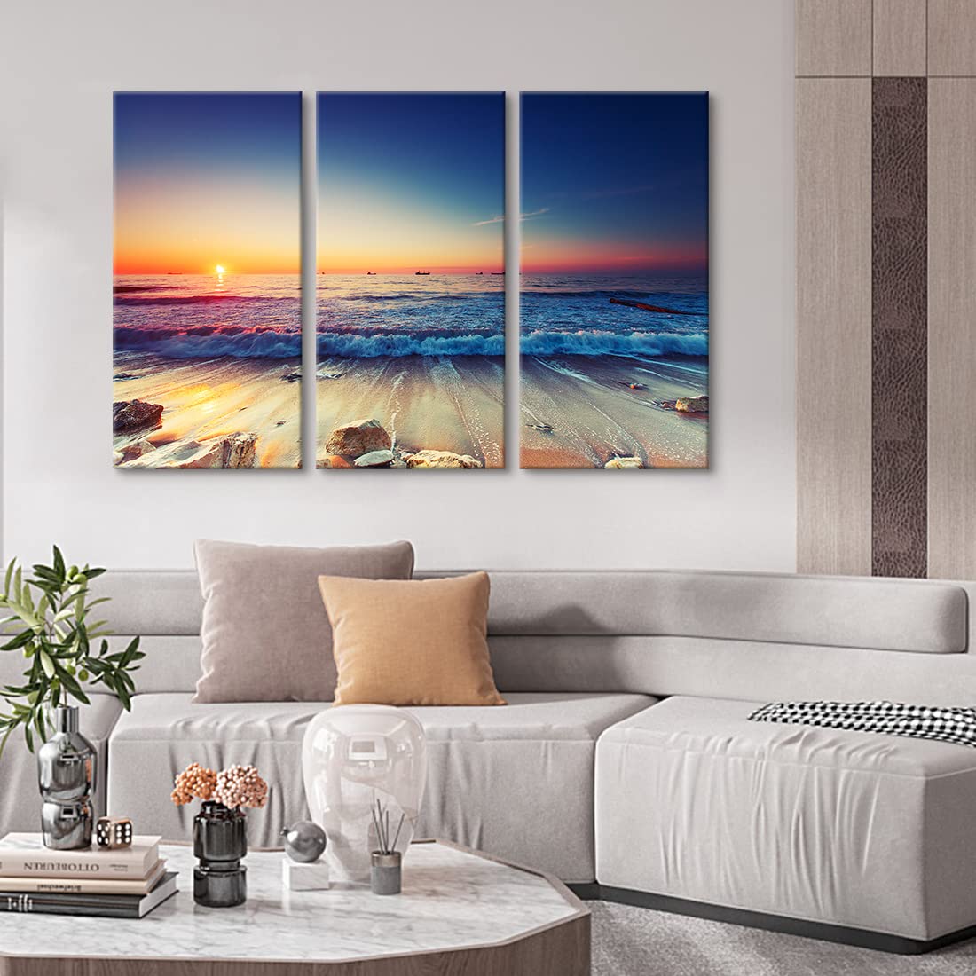 Amazon.co.jp: ビーチ 海 アートパネル 3枚 飾り絵 モダン 日の出 海の