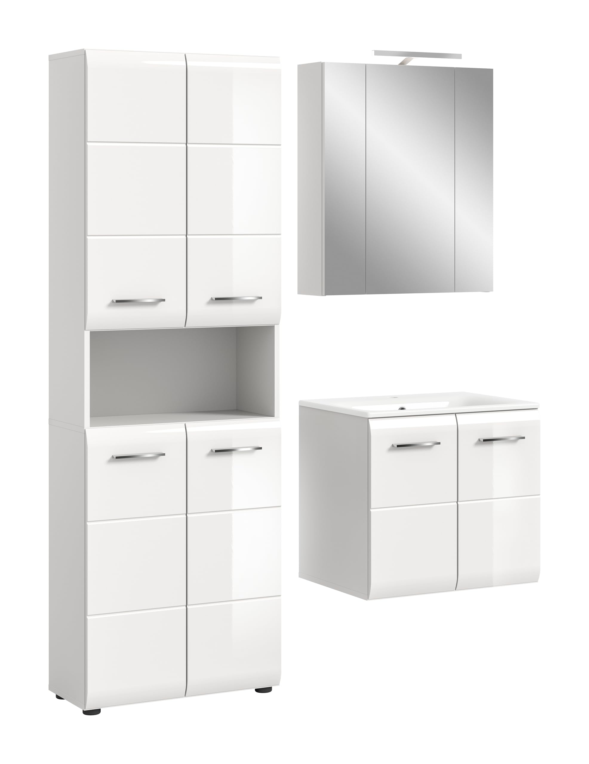 xonox.home – 3 TLG. Badkombination Ice 135x185x46 cm in Korpus weiß Nachbildung und Front weiß Hochglanz – Moderne Badezimmermöbel Kombination – stilvoll, kompakt & vielseitig einsetzbar