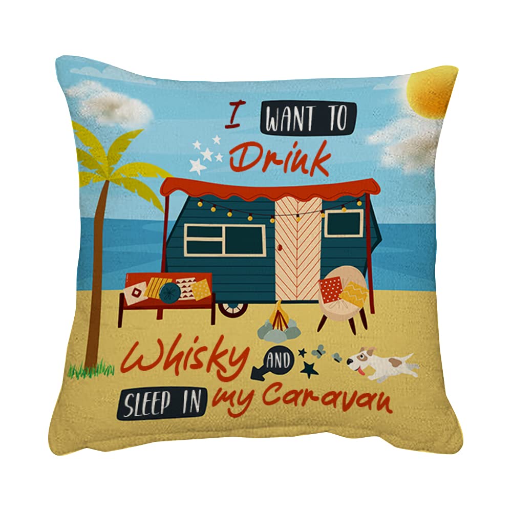 I Want To Drink Whisky and Sleep In My Caravan Secret Santa Caravan Gift Birthday present Cushion for Bedroom/Sofa Linen Cushion, Throw Pillow Cushion. (Linen Cushion Cover With Insert)