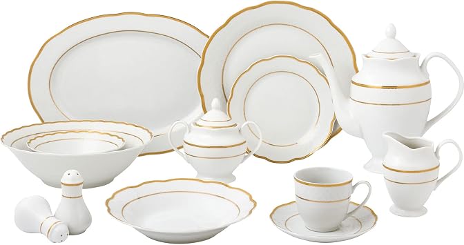 Stylish and Elegant 57 Pieces Porcelain Dinnerware Set Service for 8 People - Home Trends, Gold Border