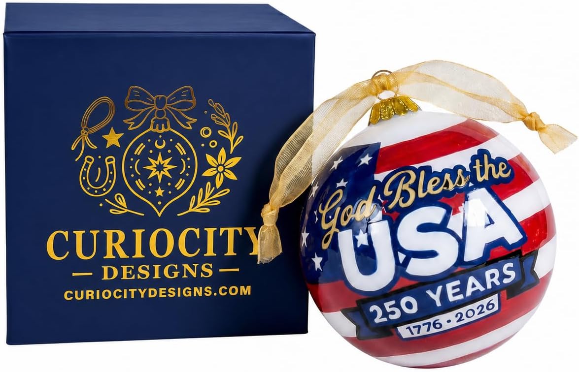 Hand Painted Glass Christmas Ornament - America 250 Anniversary, God Bless the USA Patriotic Ornament 1776-2026, Painted Inside the Glass, Limited Edition Semiquincentennial Keepsake, Veteran Gift
