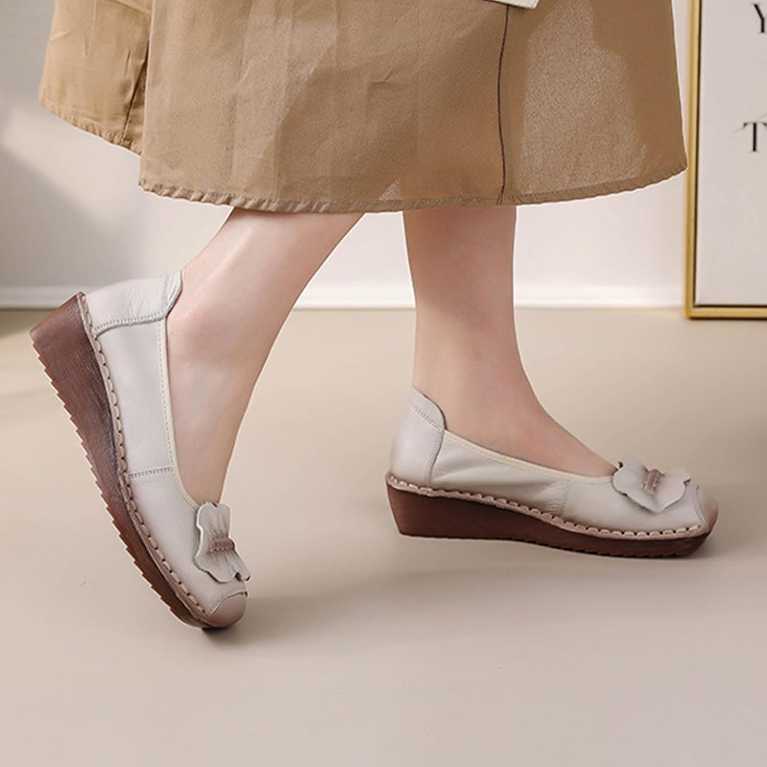 Women's Leather Wedge Pumps,Trendy Ruched Bow Closed Toe Comfortable Oxford Non-Slip Soft Sole Casual Dress Shoes