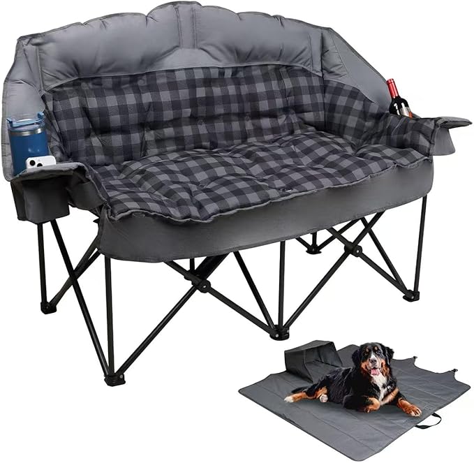 Double Camping Chair Padded Loveseat Camping Couch, Oversized 2 Person Camp Chairs with 2 in 1 Carry Bag, Heavy Duty Folding Lawn Chair Outdoor Sofa with Cup Holders for Adults Patio Backyard, Gray