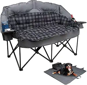 Double Camping Chair, Padded Loveseat Camping Couch, Oversized 2 Person Camp Chairs with 2 in 1 Carry Bag, Heavy Duty Folding Lawn Chair Outdoor Sofa with Cup Holders for Adults Patio Backyard, Gray