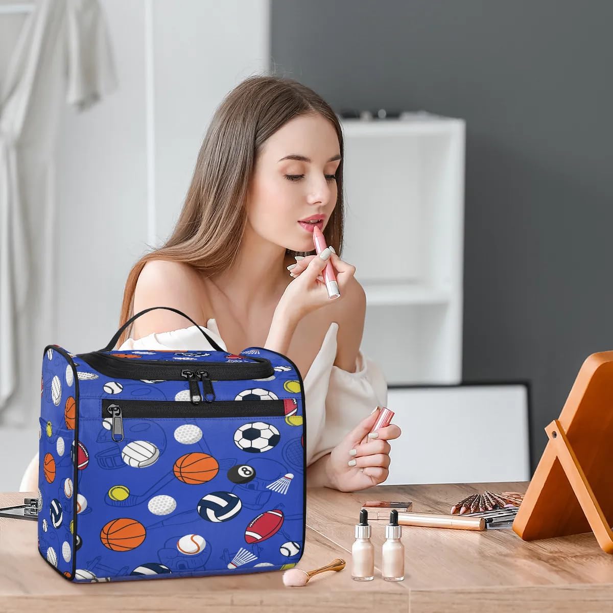 Hanging Travel Toiletry Bag for Women Men Makeup Bag Organizer Blue Cute Sport Soccer Ball Basketball Baseball Large Cosmetic Bag Waterproof Dopp Kit Travel Bag for Toiletries Accessories Essentials