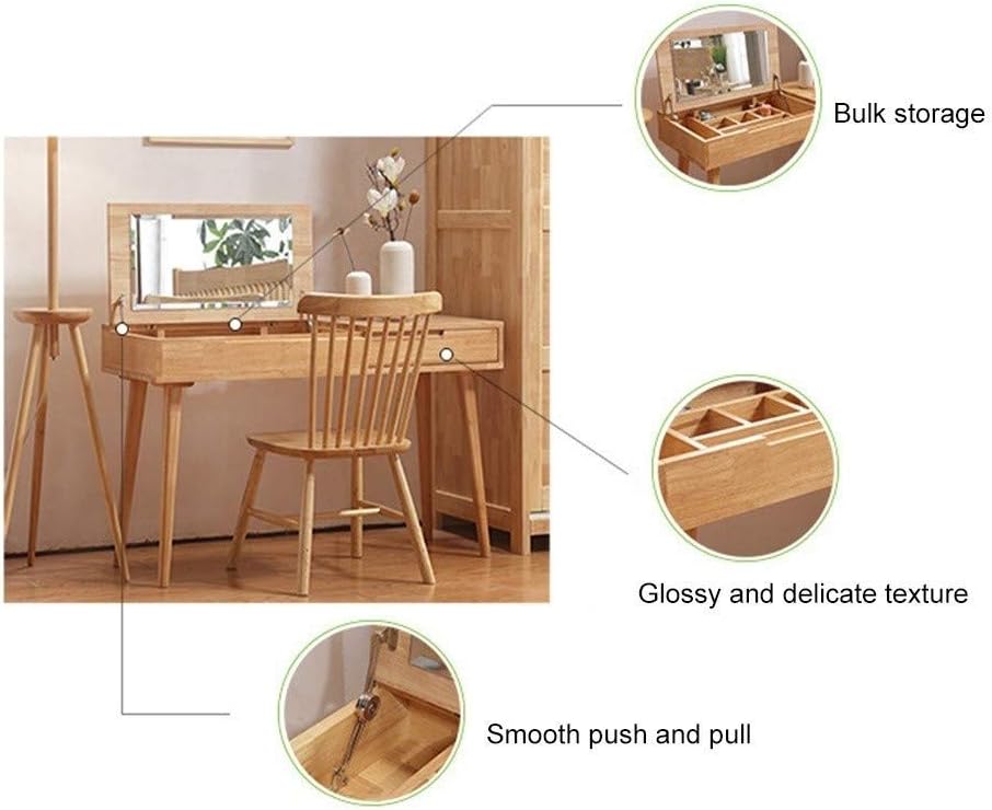 Makeup Dresser with Mirror and Stool Make-up Table for Bedroom Girls Dressing Table Makeup Table (Color : Walnut Ribbon Chair Size : 10045cm) (Log Color Single Table 80 * 45cm)