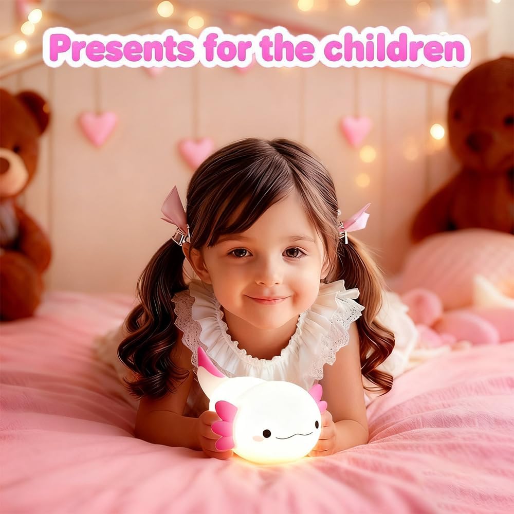Cute Axolotl Night Light for Kids Bedroom, Animal Silicone Nursery Night Lamp Touch Control Nightlights USB Rechargeable Bedside Lamp for Baby Children Toddlers Girls Gift (Pink Axolotl)