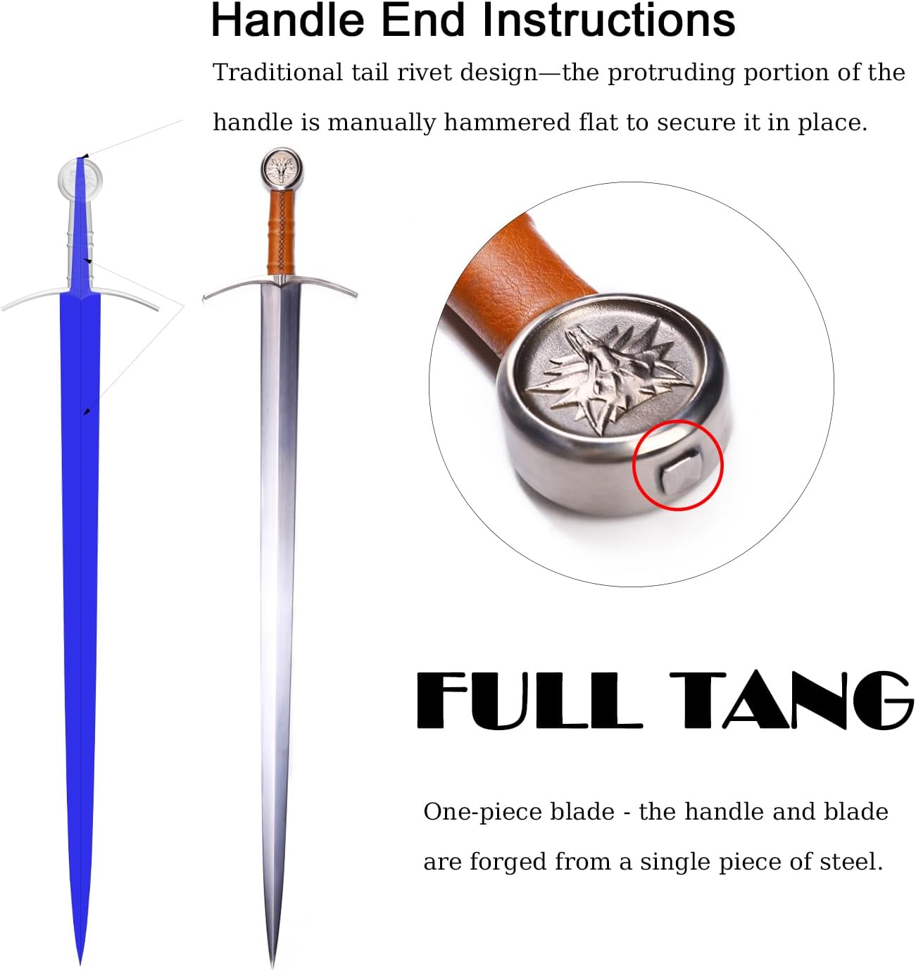 49"/41.5" Medieval Western King Arthur Sword with Leather Sheath Sharp Full Tang Real,High Carbon Steel Two-Handed Long Sword,Historical Collectible/Training/Medieval Decor