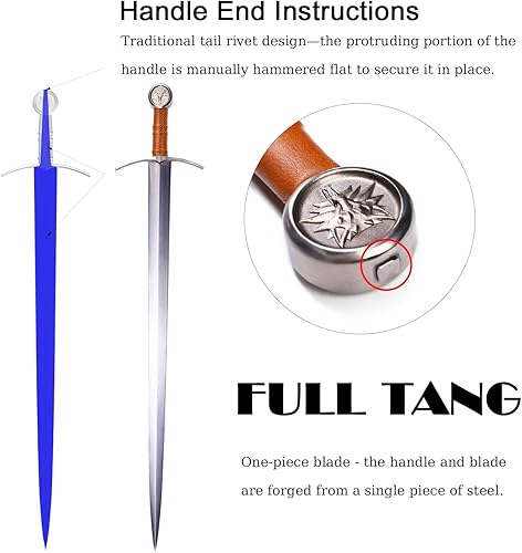 Miniatura 12 de Espada medieval de Arturo rey occidental de 49 pulgadas/41.5 pulgadas, con funda de cuero, afilada espiga completa, real, espada larga de dos manos