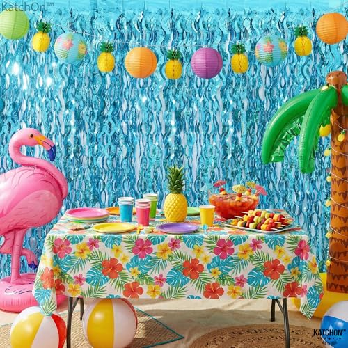 Image of Katchon, Xtralarge Wavy Blue Foil Fringe Curtain - Pack of 2 | Blue Streamers for Under The Sea Party Decorations | Foil Fringe Backdrop for Birthday, Cruise Door Decorations, Pool Party Decorations | Katchon, Xtralarge Wavy Blue Foil Fringe Curtain - Pack of 2