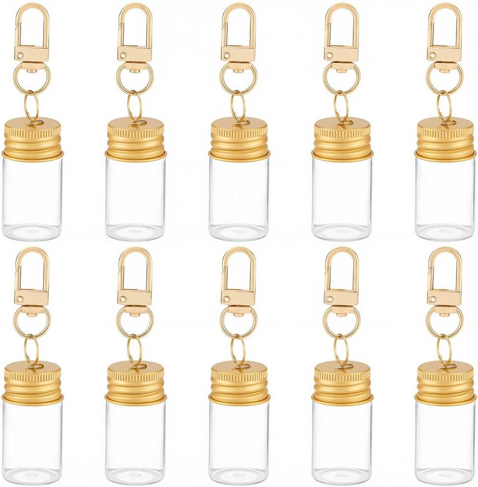 SUNNYCLUE 1 Box 10Pcs 7ml Small Glass Bottle Keychain Mini Glass Jar Keychain Gold Column Bottle Caps with Empty Clear Vials Alloy Swivel Clasps Key Chains for Wedding Favors Home Crafts Travel Gifts