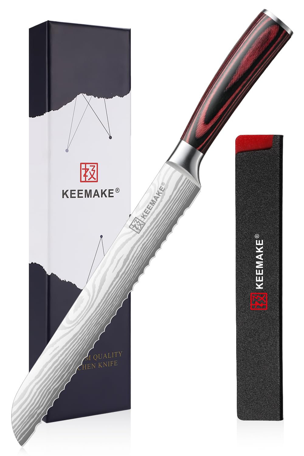 KEEMAKE 8-inch Serrated Bread Knife - Ultra-Sharp High Carbon Stainless Steel Bread Knife for Homemade Breads, Sourdough, Bagels & Cakes - Ergonomic Pakkawood Handle, w/Sheath