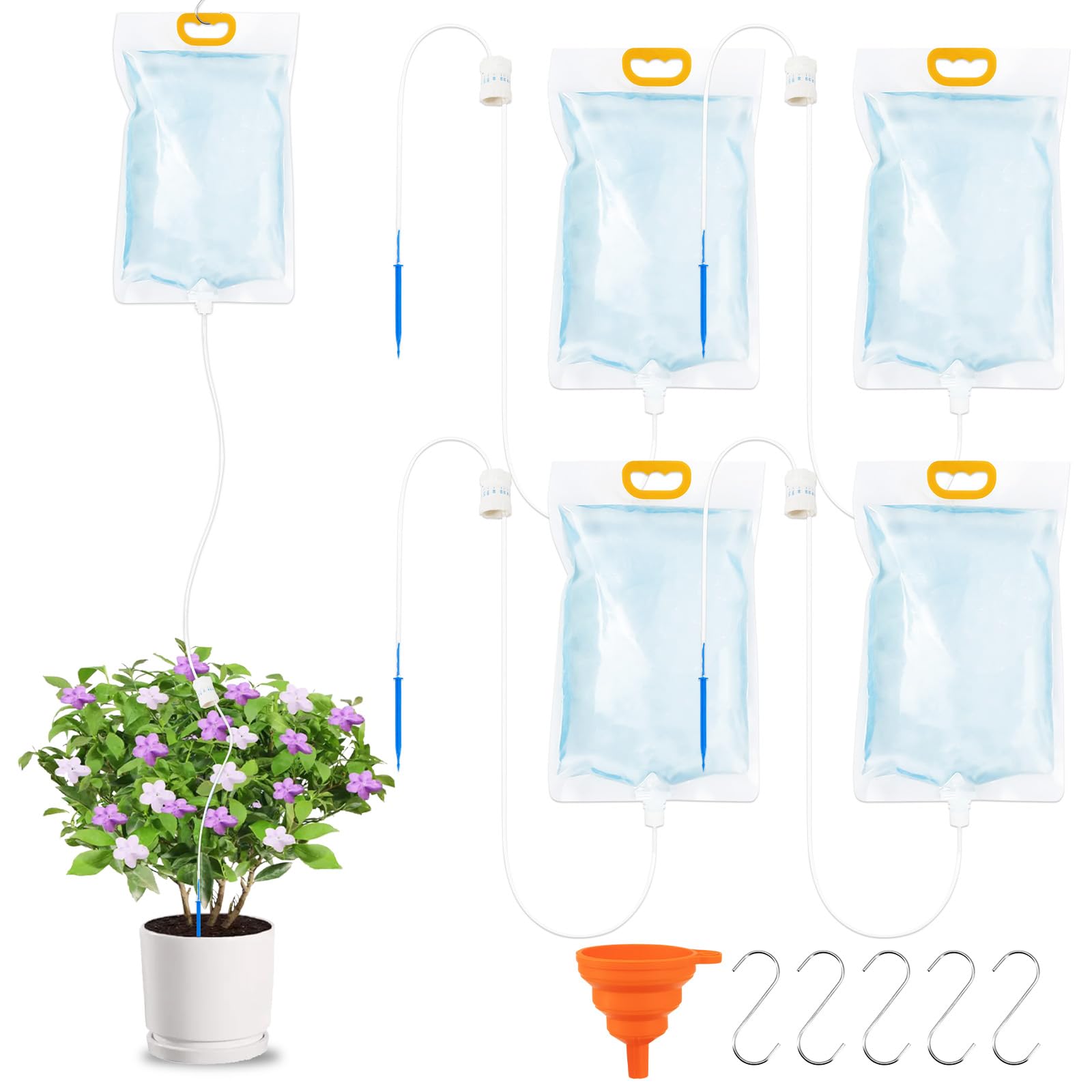 ZYNERY 5Pcs 3.5L Plant Drip Irrigation Kit, Automatic Self-Watering Bags with Adjustable Flow, 5 S Hooks & 1 Foldable Funnel for Indoor Outdoor Potted Plants