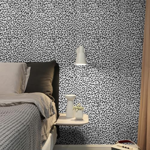 Leopard Print Peel and Stick Wallpaper, Waterproof Removable Self Adhesive Textured Wall Paper, Black and White Unique Funky Cheetah Contact Paper for Bedroom and Bathroom 120