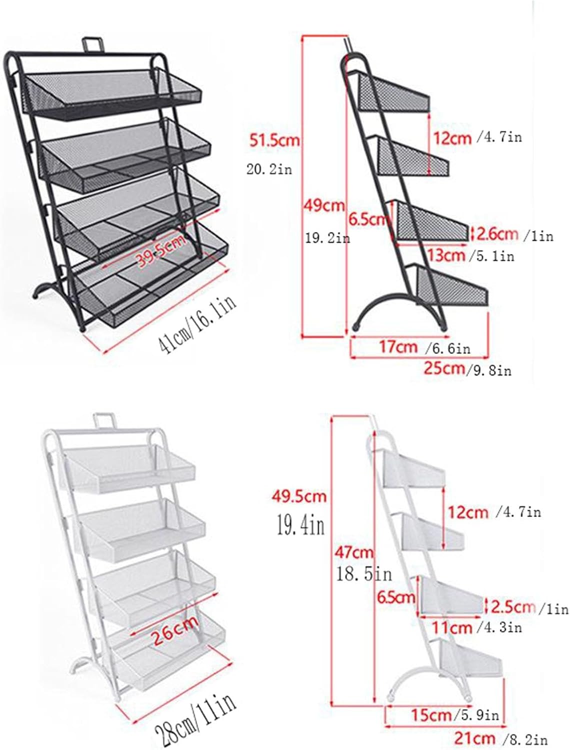 4 Tier Retail Display Rack, Metal Snack Candy Display Organizer, Large Stand Chip Display, Supermarket Shelf Office Snack Organizer, Black/White(White,28x49.5cm/11x19.4in)