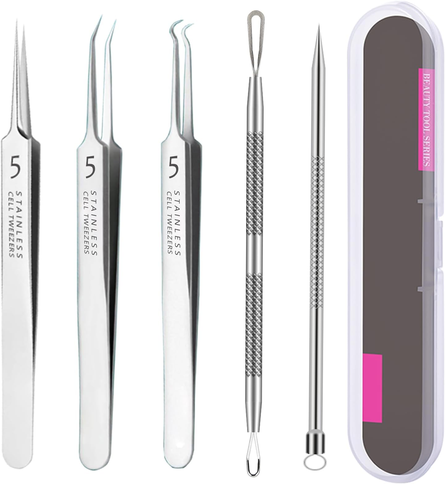 5pcs Blackhead Remover Tweezers Pimple Popper Tool Kit, Precision Acne Needle Comedone Blackhead Tweezers Extractor Removal Whitehead Popping Zit for Nose Face Skin Blemish Extractor Tool - Glossy