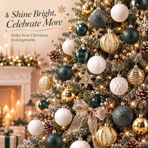 Image of Lunmon 64 Pcs Christmas Ball Ornaments Emerald Green Champagne Gold White