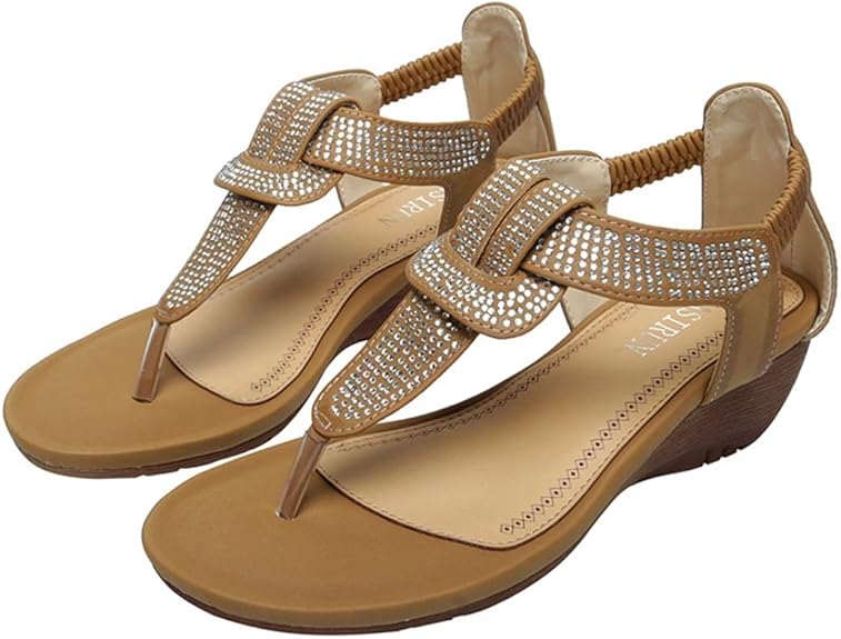 CYBLING Women's Ankle Wrap Wedge Sandals GlitterTStrap Summer Beach