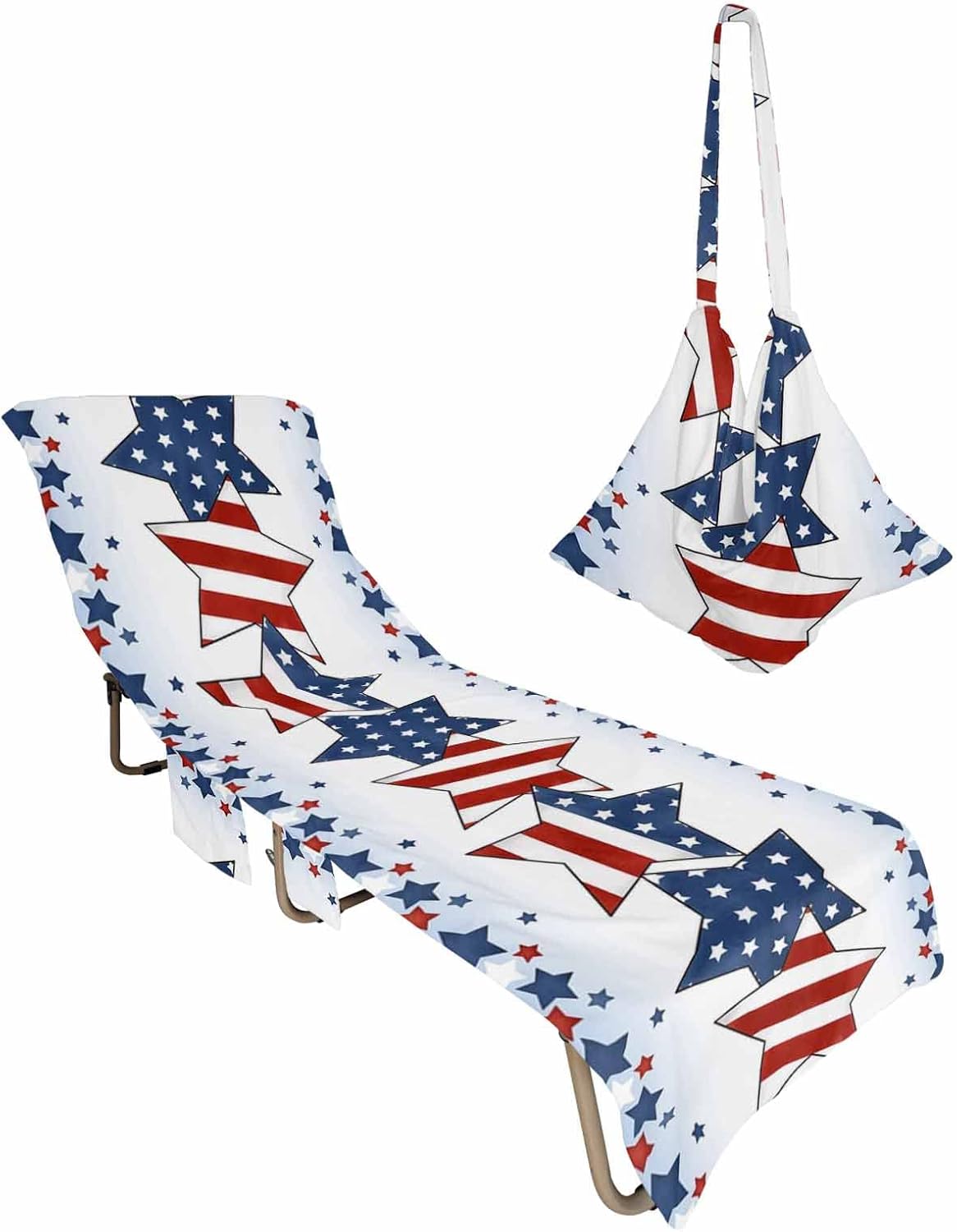 Independence Day Beach Pool Patio Lounge Chaise Chair Cover Towel With Pockets,Absorbent & Quick Dry Microfiber Towel Cover Bag Summer Sunbathing Accessories Patriotic Memorial Stripes Stars Red Blue