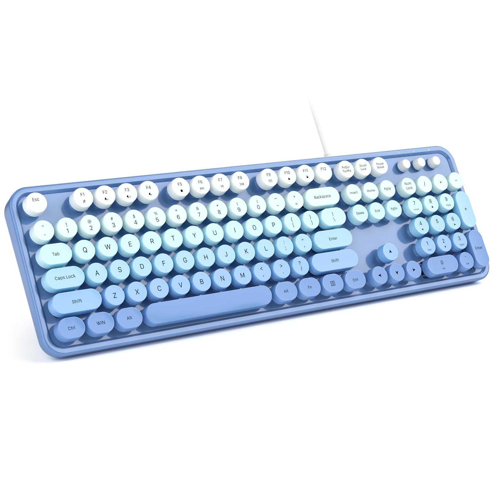 MOWUX Computer Keyboard Wired, Plug and Play USB Retro Round Typewriter Keyboard, Full Size Wired Keyboard with Foldable Stands for Laptop and Office PC- Blue Gradient