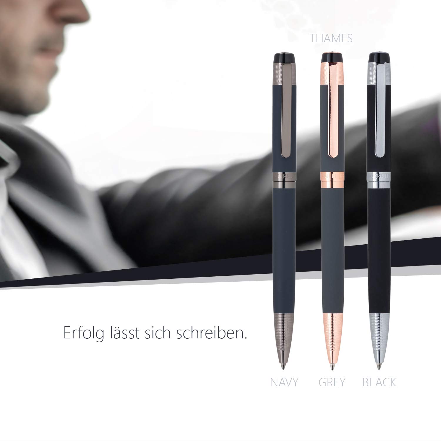 Cerruti 1881 Tintenroller „THAMES“ Grey | Schreibstift aus Edelstahl in einem grauen Korpus | Schwarze Mine | Geschenkbox